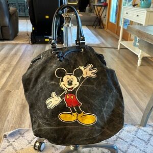 Mickey unlimited tote, black denim, distressed with full body, Mickey Mouse